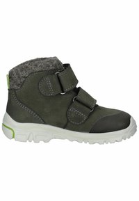 Botín de cuero verde hasta el tobillo con cuello de fieltro gris, doble banda de velcro, puntera reforzada y suela de goma blanca con acento verde.