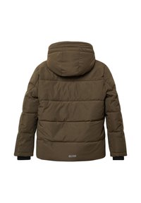 Khaki puchowy kurtka z kapturem, z przeszywanymi panelami, elastycznymi mankietami i logo na dole. Miękka tekstura i wyściełany design.