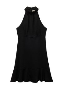 Schwarzes Halsbandkleid mit enganliegendem Oberteil, ausgestelltem Saum und strukturiertem Stoff. Verfügt über einen hohen Kragen und subtile Faltenbildung in der Taille.