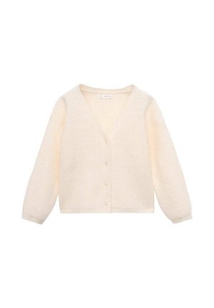 Cardigan color crema con un design a maglia testurizzato, scollatura a V, maniche lunghe e una fila di bottoni lungo il davanti.