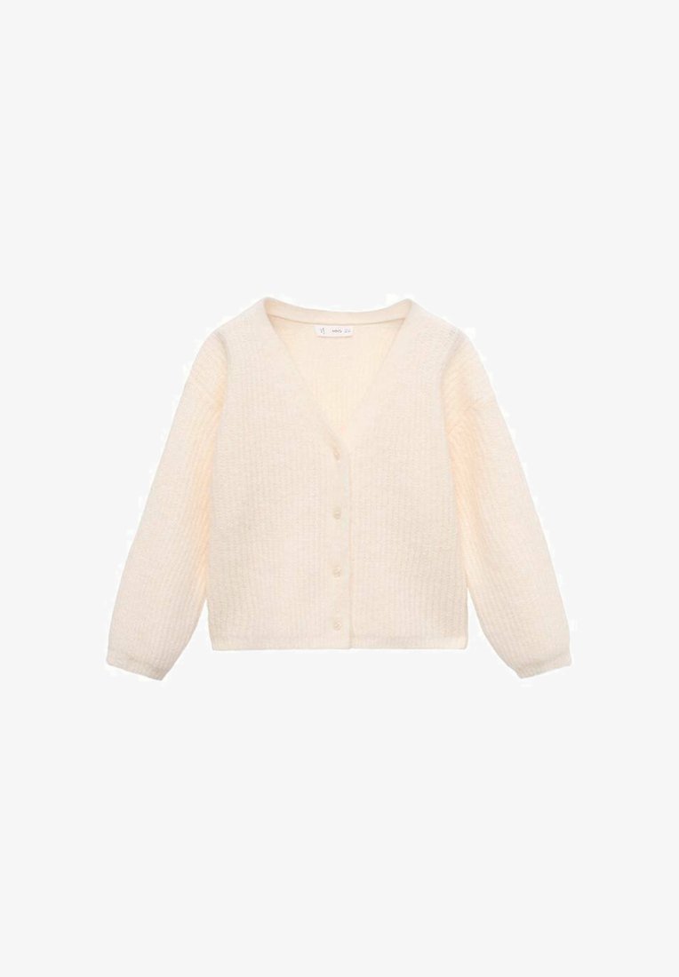 Krémový kardigan s texturovaným pleteným vzorem, véčkovým výstřihem, dlouhými rukávy a řadou knoflíků vpředu.