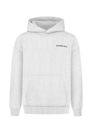 Hætte sweatshirt i lysegrå stof med en front kangaroo lomme. Har "Smilodax Sport" logo i sort på øverste venstre bryst.