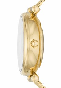 Goldfarbene Armbanduhr mit glattem Gehäuse, runder Form und polierter Band. Verfügt über eine einzelne Krone und ein sauberes Glas-Gehäuse ohne Markierungen.