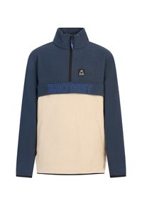 Fleece-Pullover mit navyblauem oberen Abschnitt und cremefarbenem unteren Abschnitt. Verfügt über einen Viertel-Reißverschluss, einen Stehkragen und ein auffälliges blaues Logo.