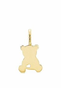 Ciondolo a forma di orsetto d'oro con un foro a forma di cuore, texture liscia e finitura lucida. Progettato per essere appeso con un anello nella parte superiore.