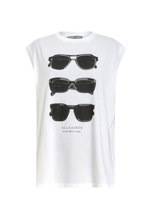 Witte katoenen T-shirt met drie zwarte zonnebril grafieken. Ronde halslijn, korte verlaagde mouwen en de tekst "ALLSAINTS SUNGLASSES AT DARK" eronder.