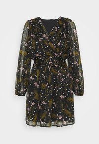 Černé šifonové šaty s květinovým a tečkovaným vzorem, s dlouhými balónovými rukávy, zavinovacím střihem a nařaseným pasem.