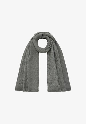 Grau gestrickter Schal mit einem strukturierten Muster, versehen mit gerippten Enden. Das Material scheint weich und warm zu sein, geeignet für kälteres Wetter.