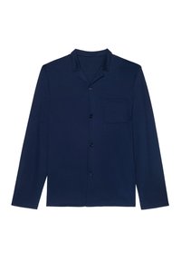 Camisa de botones de manga larga en color marino, con cuello recto, un bolsillo en el pecho y textura de tela suave. Presenta seis botones frontales.