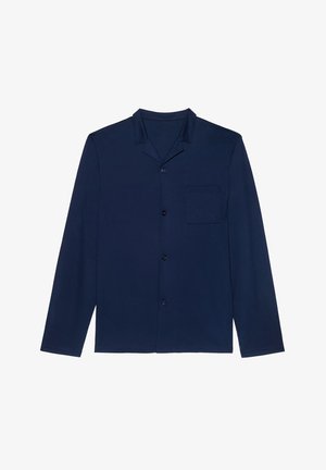 Marineblauwe overhemd met lange mouwen, een ingesneden kraag, een enkele borstzak en een gladde stoffen textuur. Voorzien van zes knopen aan de voorkant.