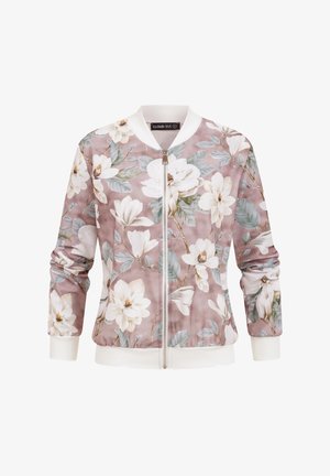 Blomstret bomberjakke med hvide blomster og grønne blade på en mauve baggrund, hvid ribbet krave, ærmekanter og kant, lynlås foran.