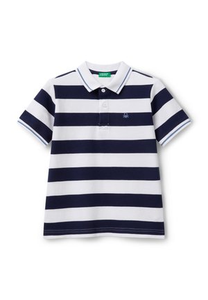 Navy i biały pasek polo, krótki rękaw, kołnierzyk, zapięcie na trzy guziki, haftowane logo na lewej piersi, materiał bawełniany.