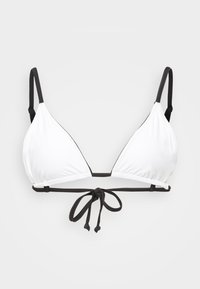 Hvit trekant bikini-top med svarte kontraststropper og knytelukking. Glatt tekstur, minimalistisk design og justerbar passform.