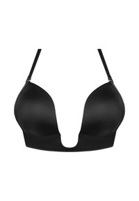 Black bra with smooth, matte finish, deep plunge design, adjustable straps, and seamless cups, featuring a center cut-out detail.