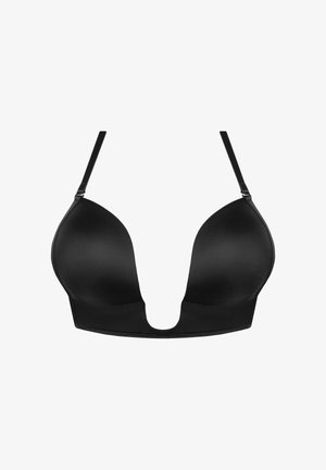 Fekete melltartó sima, matt felülettel, mély kivágással, állítható pántokkal és varrás nélküli kosarakkal, középső kivágott részlettel.