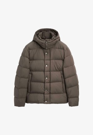 Brown padded jacket with a hood, featuring a quilted design, snap buttons, and a smooth texture, suitable for cold weather wear.