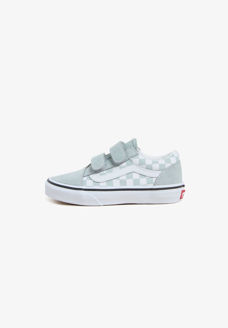Light blue canvas sneakers with white checkered pattern, suede accents, and Velcro straps. Rubber sole with black trim and red logo tab.