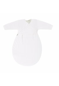 White cotton sleep sack with long sleeves, wrap design, and a rounded bottom. Features a side zipper for easy access. Soft texture.