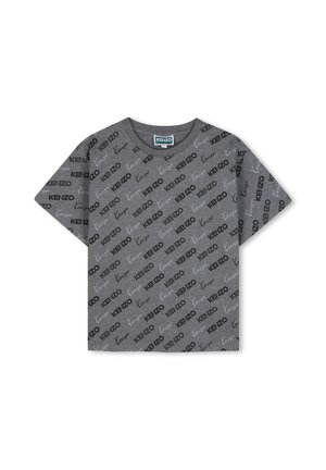 T-shirt gris à manches courtes avec un motif en diagonale répétant le texte du logo Kenzo en noir et blanc et un col rond.