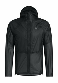 Leichte schwarze Jacke mit Kapuze, langen Ärmeln, durchgehendem Reißverschluss und einer glatten, matten Textur sowie minimalistischem Logo-Detail.