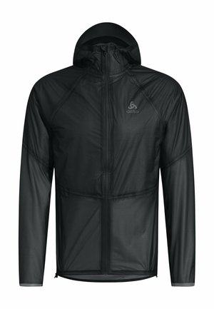 Veste noire légère avec capuche, manches longues, fermeture éclair intégrale et texture lisse et mate avec un détail de logo minimaliste.