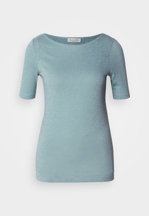 Light blue, short-sleeve T-shirt in a smooth, subtle textured fabric with a round neckline and straight hem.