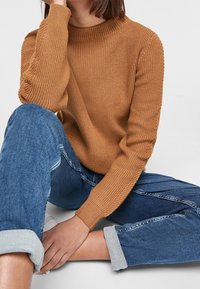 Bruine geribbelde gebreide trui met hoge hals en gestructureerde mouwen, gecombineerd met opgerolde spijkerbroek. Over het algemeen een casual outfit.