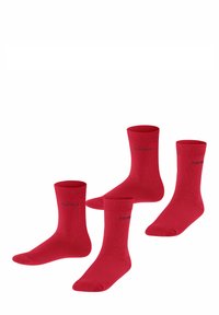 Rote Baumwollsocken im gerippten Design mit einem Logo an der Seite. Vier Paare dargestellt, mit standardmäßiger Crew-Höhe und glatter Textur.