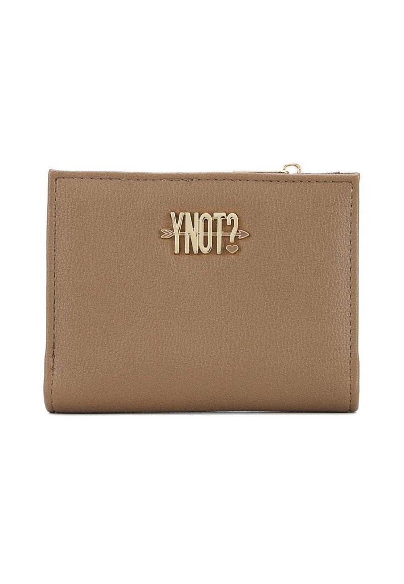Portafoglio in cuoio marrone chiaro compatto con logo dorato "YNOT?" e chiusura a zip sul bordo superiore.