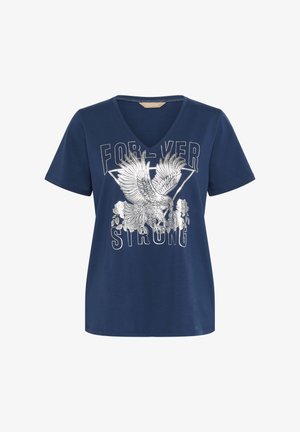 Sötétkék V nyakú póló puha anyagból, ezüst sas grafikával, rajta a "FOREVER STRONG" felirattal és rózsákkal.