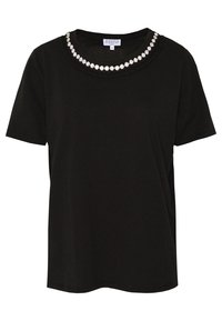 Svart kortärmad t-shirt i bomull, med en dekorativ rund halsringning prydd med blanka, silverfärgade blommönster.