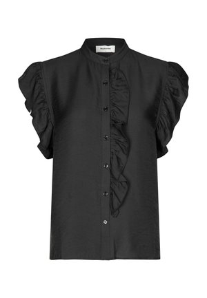 Black short-sleeve shirt with a high collar, ruffled front, and button closure. Smooth fabric texture with a slightly shiny finish.