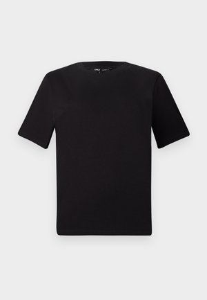 T-shirt noir à manches courtes avec un col rond, fabriqué en coton doux. Design simple, sans logos ni motifs visibles.