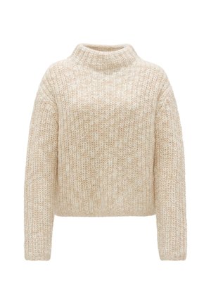 Pull en tricot épais de couleur beige clair, doté d'un col montant et de manches larges, présentant une texture avec des motifs de fil bien visibles.