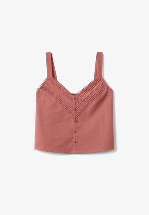 Top corto senza maniche color rosa polvere con scollo a V, bottoni decorativi verticali sul davanti e rifiniture in pizzo lungo lo scollo e le spalle.