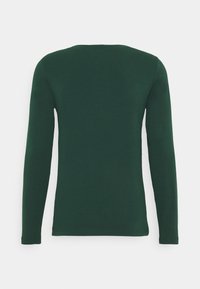 Green long-sleeve shirt with a crew neckline. Smooth texture, fitted silhouette, and plain design without patterns or accents.