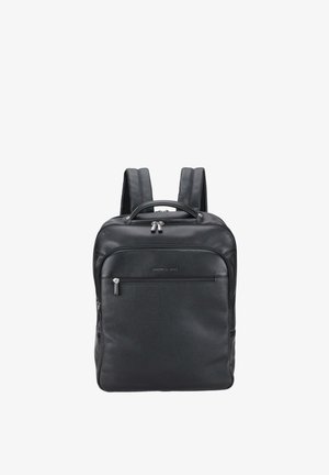 Sac à dos en cuir noir avec bretelles rembourrées, une poignée supérieure et une poche avant zippée, présenté sur un fond blanc.