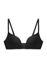 Sostenitore nero con spalline sottili e regolabili, materiale liscio, coppe modellate e una fascia elastica testurizzata al centro per un supporto aggiuntivo.