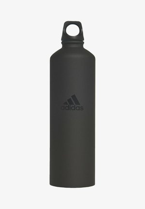Black metal water bottle with a matte finish, cylindrical shape, narrow neck, and a top handle featuring a raised Adidas logo.