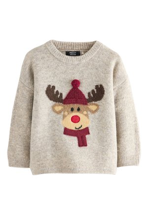 Pull beige tricoté avec un renne souriant portant un bonnet rouge et une écharpe sur le devant, manches longues et bord-côtes.