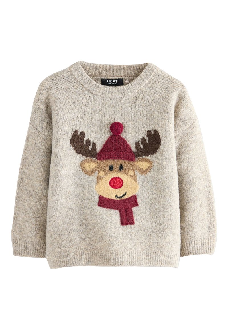Pull beige tricoté avec un renne souriant portant un bonnet rouge et une écharpe sur le devant, manches longues et bord-côtes.