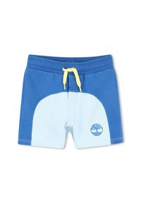 Blaue und hellblaue Shorts mit einer gelben Kordel, versehen mit einem gelben Baumlogo, aus weichem Baumwollmaterial und mit lockerem Schnitt.