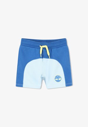 Shorts bleu et bleu clair avec un cordon jaune, arborant un logo d'arbre jaune, fabriqués en coton doux, avec une coupe décontractée.