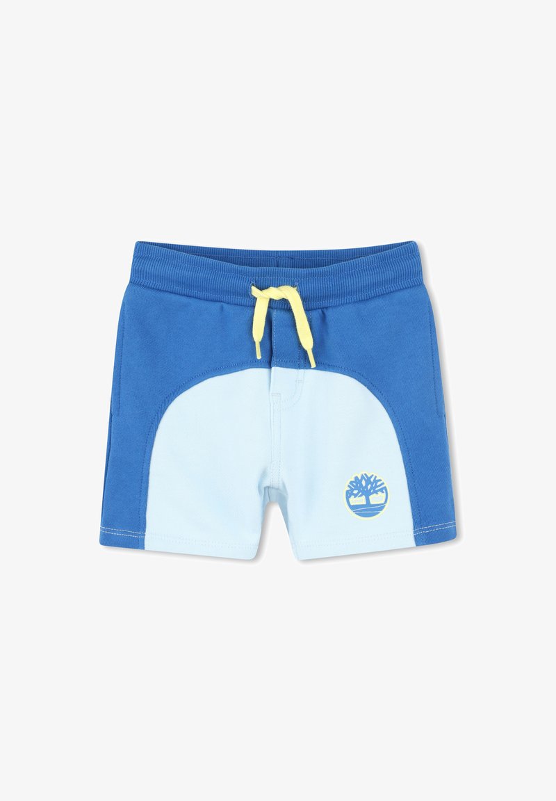 Blauwe en lichtblauwe shorts met een gele trekkoord, voorzien van een boomlogo in het geel, gemaakt van zachte katoen, met een relaxte pasvorm.