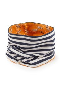 Striped cotton neck warmer with navy and white stripes; orange interior featuring leaf and star patterns; soft texture with fold design.