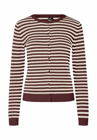 Svītrains kardigans bordo un krēmkrāsā. Tam ir apaļš kakla izgriezums, garas piedurknes un pogu aizdare. Gluda tekstūra un ribaina apmale.