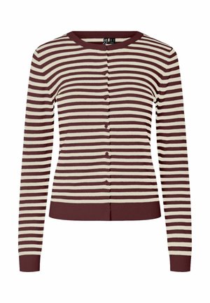 Stripete cardigan i burgunder og kremfarge. Har rund hals, lange ermer og knappelukking. Glatt tekstur og ribbet kant.
