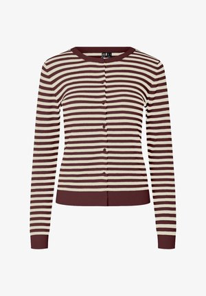 Stripete cardigan i burgunder og kremfarge. Har rund hals, lange ermer og knappelukking. Glatt tekstur og ribbet kant.