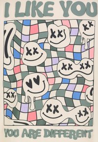 Colorful illustration with a grid pattern featuring smiling cartoon blobs. Text reads "I LIKE YOU YOU ARE DIFFERENT" at the top and bottom.