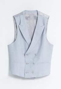 Chaleco de color gris claro de doble botonadura con exterior de lino texturizado, solapas muesca y dos bolsillos frontales. Interior forrado con una tela suave.